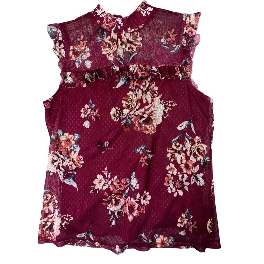 No Boundaries Floral Mesh Ruffle Sleeveless Blouse Boho‎ XL Magenta Fairycore